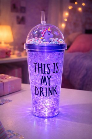 My Drink Temalı Led Işıklı Pipetli Suluk Buz Görünümlü 450 ML Çift Katman Mika Su Şişesi 2642 Mor