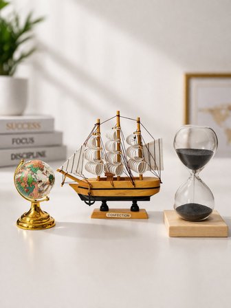 Dekoratif 3’lü Ofis Masa Seti Yelkenli Gemi, Manyetik Kum Saati ve Cam Dünya Küresi Premium Hediye K