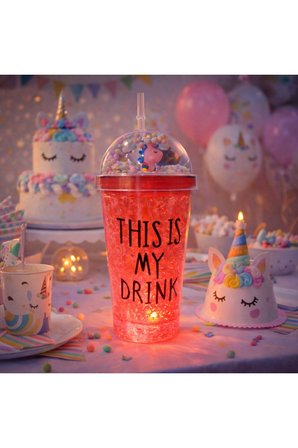 Sevimli Renkli Çılgın 450ML Led Işıklı This İs My Drink Temalı Pipetli İçecek Bardağı Suluk 2642KRMZ