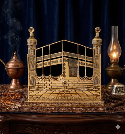 Özel Tasarım Gold Renkli Allah & Muhammed (S.A.V) Kabe Kapısı Figürlü Masa Üstü Biblo 25 cm