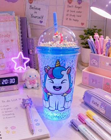 Led Işıklı Mavi Unicorn Tasarımlı Pipetli Suluk – Hediyelik Buz Görünümlü 450 ML Çift Katman 2646