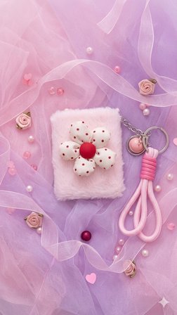 Pembe Peluş Beyaz Çiçek Tasarımlı Çift Taraflı Katlanabilir Cep Aynası Makyaj Aynası Çanta Aksesuarı