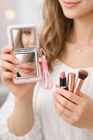 Pembe Peluş Beyaz Çiçek Tasarımlı Çift Taraflı Katlanabilir Cep Aynası Makyaj Aynası Çanta Aksesuarı