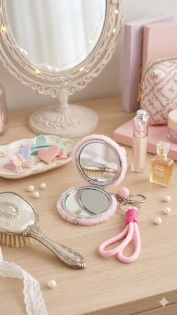 Pembe Peluş Fiyonk Tasarımlı Çift Taraflı Katlanabilir Cep Makyaj Aynası Anahtarlıklı Çanta Aksesuar