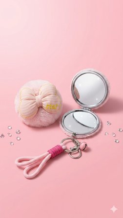 Pembe Peluş Fiyonk Tasarımlı Çift Taraflı Katlanabilir Cep Makyaj Aynası Anahtarlıklı Çanta Aksesuar