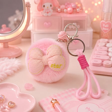Pembe Peluş Fiyonk Tasarımlı Çift Taraflı Katlanabilir Cep Makyaj Aynası Anahtarlıklı Çanta Aksesuar