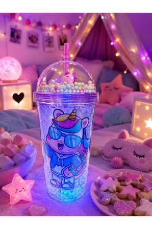 450 ML Led Işıklı Pipetli İçecek Bardağı Boncuklu Sevimli Unicorn Tasarımlı Suluk Mavi 2646