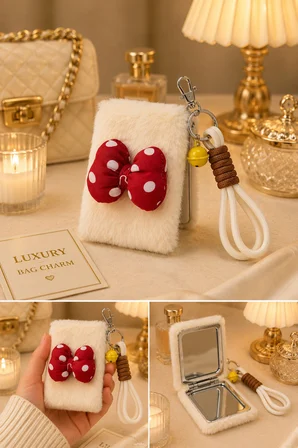 Peluş Papyon  Detaylı Cep Aynası Anahtarlık – Kawaii Çanta Charmı Cep Çanta Makyaj Aynası-A 