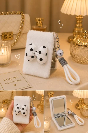 Peluş Papyon  Detaylı Cep Aynası Anahtarlık – Kawaii Çanta Charmı Cep Çanta Makyaj Aynası-A 
