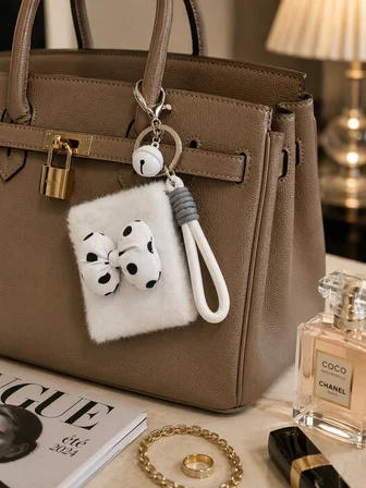 Peluş Papyon  Detaylı Cep Aynası Anahtarlık – Kawaii Çanta Charmı Cep Çanta Makyaj Aynası-A 