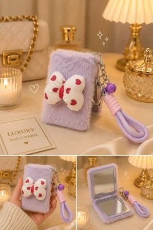 Peluş Papyon  Detaylı Cep Aynası Anahtarlık – Kawaii Çanta Charmı Cep Çanta Makyaj Aynası-B