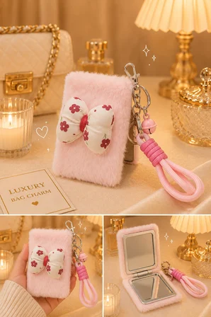 Peluş Papyon  Detaylı Cep Aynası Anahtarlık – Kawaii Çanta Charmı Cep Çanta Makyaj Aynası-B