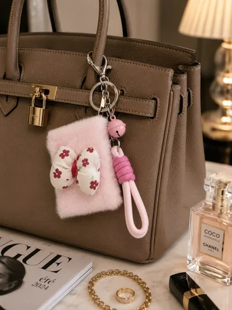 Peluş Papyon  Detaylı Cep Aynası Anahtarlık – Kawaii Çanta Charmı Cep Çanta Makyaj Aynası-B