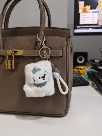 Sevimli Köpek Figürlü Peluş Cep Aynası Anahtarlık – Kawaii Bag Charm Çanta Süsü Beyaz - Pembe