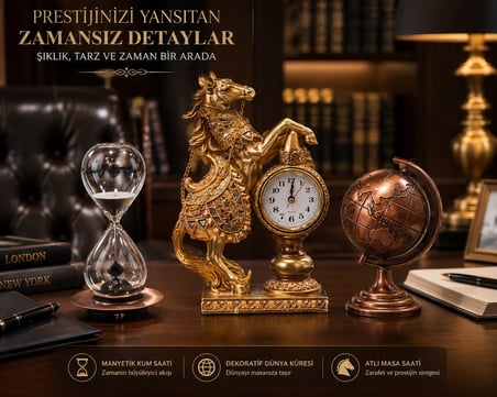 Lüks Prestij Masa Dekorasyon Seti Gold At Figürlü Masa Saati Metal Kum Saat Metal Bronz Dünya Küresi