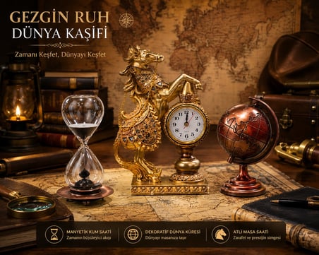 Lüks Prestij Masa Dekorasyon Seti Gold At Figürlü Masa Saati Metal Kum Saat Metal Bronz Dünya Küresi