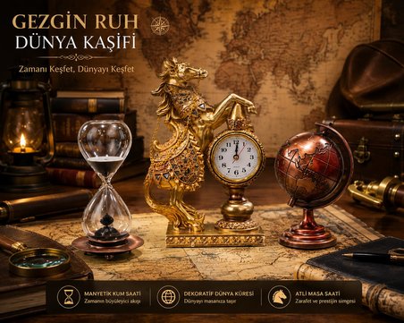 Lüks Prestij Masa Dekorasyon Seti Gold At Figürlü Masa Saati Metal Kum Saat Metal Bronz Dünya Küresi