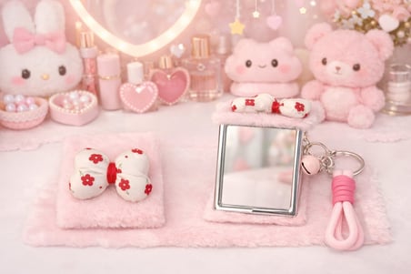 Pembe Peluş Kırmızı Beyaz Fiyonk Tasarımlı Çift Taraflı Katlanabilir Makyaj Aynası Çanta Aksesuarı