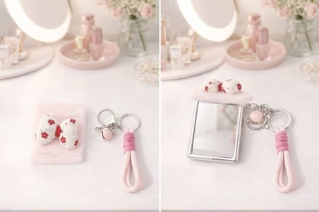 Pembe Peluş Kırmızı Beyaz Fiyonk Tasarımlı Çift Taraflı Katlanabilir Makyaj Aynası Çanta Aksesuarı
