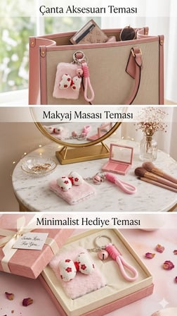 Pembe Peluş Kırmızı Beyaz Fiyonk Tasarımlı Çift Taraflı Katlanabilir Makyaj Aynası Çanta Aksesuarı