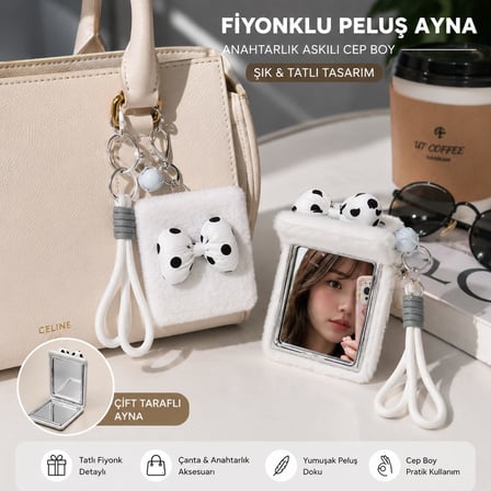 Beyaz Peluş Siyah Beyaz Fiyonk Tasarımlı Çift Taraflı Katlanabilir Makyaj Aynası Çanta Aksesuarı