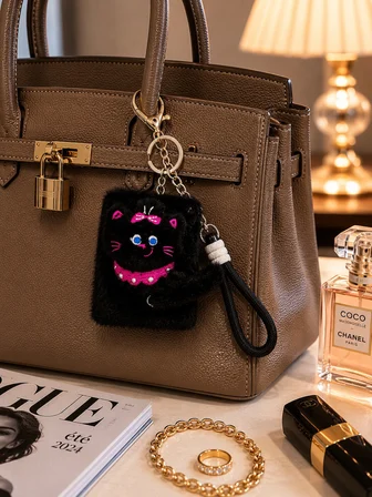 Sevimli Kedicik Figürlü Peluş Cep Aynası Anahtarlık – Kawaii Bag Charm Çanta Süsü Siyah