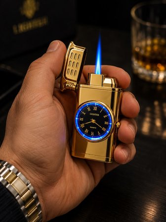 Saatli Gazlı Çakmak Gold – LED Işıklı Turbo Alevli - Dolu Gönderim - Premium Hediye - Altın Rengi