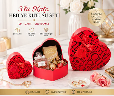 Sevdiklerinizi Mutlu Etmenin En Şık Yolu 3'lü Kalp Hediye Kutu Seti 3'lü Set I Love You Kırmızı