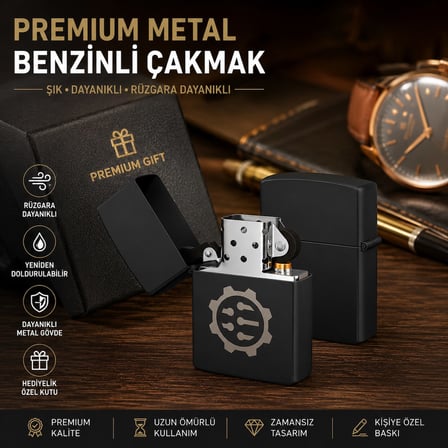 Sevgiliye Hediye Mühendislere Özel Tasarım Çark Temalı Siyah Metal Benzinli Çakmak Dolu Gönderim