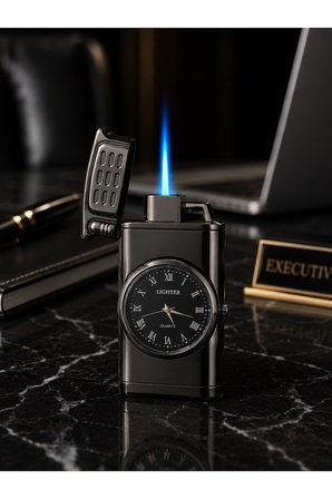 Premium Saatli LED Işıklı Jet Alevli Metal Çakmak Özel Lüks Çakmak Prestij Hediye Dolu Gönderim Füme