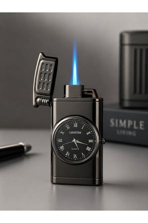 Premium Saatli LED Işıklı Jet Alevli Metal Çakmak Özel Lüks Çakmak Prestij Hediye Dolu Gönderim Füme