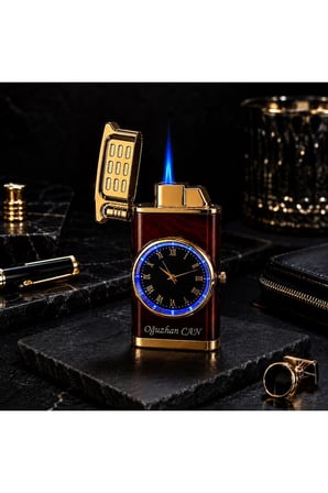 İsime Kişiye Özel Premium Saat Tasarım Jet Alevli Metal Çakmak Özel Prestij Hediye Dolu Gönderim KW