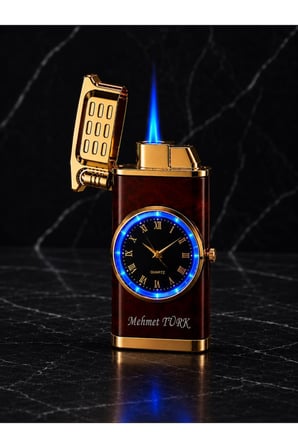 İsime Kişiye Özel Premium Saat Tasarım Jet Alevli Metal Çakmak Özel Prestij Hediye Dolu Gönderim KW