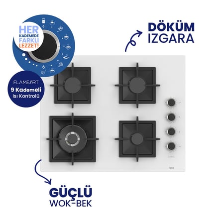 Beyaz 2'li Döküm Izgara Silentart  Ankastre Set  SC406-WFA+D064-SA 65 CM OCAK