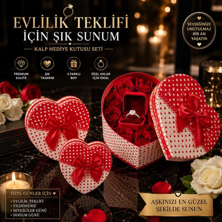 Sevdiklerinizi Mutlu Etmenin En Güzel Yolu 3'lü Kalp Hediye Kutu Seti Kırmızı Beyaz Kalp Desenli