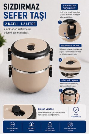 SAS Haus 2 Katlı Paslanmaz Çelik Sefer Tası 1.2 Litre Sızdırmaz Kapaklı