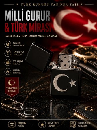 Türkün Simgesi Ay Yıldız Bayrak Temalı Benzinli Metal Çakmak Premium Hediye Dolu Gönderim