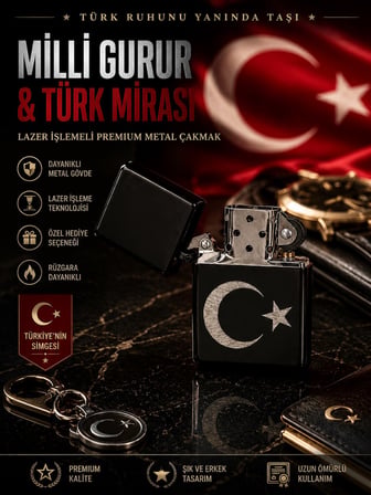 Türkün Simgesi Ay Yıldız Bayrak Temalı Benzinli Metal Çakmak Premium Hediye Dolu Gönderim