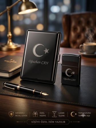 İsime Kişiye Özel Ay Yıldız Bayrak Lazer İşlemeli Tabaka ve Benzinli Metal Çakmak Seti Dolu Gönderim