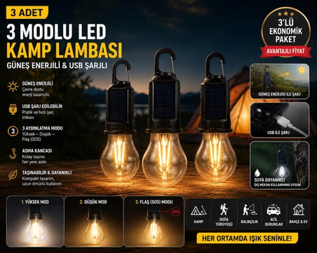 3 ADET Güneş Enerjili USB Şarjlı 3 Modlu LED Asma Kancalı Taşınabilir Kamp Feneri Aydınlatma Lambası