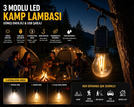 3 ADET Güneş Enerjili USB Şarjlı 3 Modlu LED Asma Kancalı Taşınabilir Kamp Feneri Aydınlatma Lambası