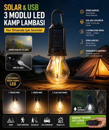 6 ADET Güneş Enerjili USB Şarjlı 3 Modlu LED Asma Kancalı Taşınabilir Kamp Feneri Aydınlatma Lambası