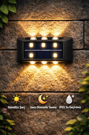 2 Adet Güneş Enerjili 6 LEDLİ Duvar & Bahçe Aydınlatması Su Geçirmez Otomatik Yanan Işık Efekti