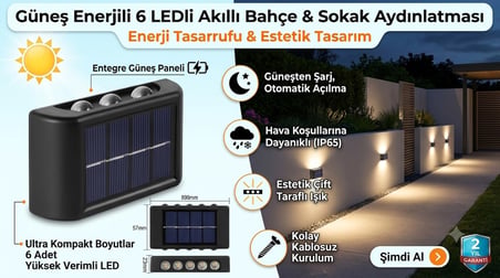 4 Adet Güneş Enerjili 6 LEDLİ Duvar & Bahçe Aydınlatması Su Geçirmez Otomatik Yanan Işık Efekti