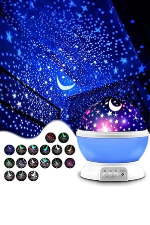 Ay Yıldız Desenli 360° Dönen Projektör Renkli Ledli Uyku Işığı Bebek Çocuk Odası Gece Lambası Mavi