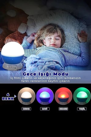 Ay Yıldız Desenli 360° Dönen Projektör Renkli Ledli Uyku Işığı Bebek Çocuk Odası Gece Lambası Mavi