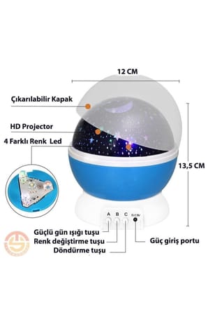 Ay Yıldız Desenli 360° Dönen Projektör Renkli Ledli Uyku Işığı Bebek Çocuk Odası Gece Lambası Mavi