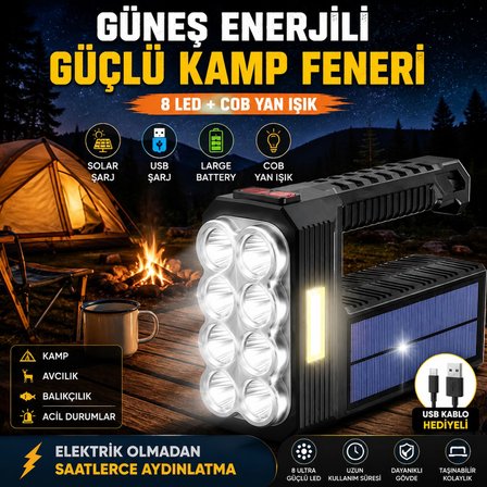 Güneş Enerjili Kamp Lambası 8'li Ultra Güçlü LED Yan Işık USB Solar Kamp Balıkçılık Acil Durum Fener