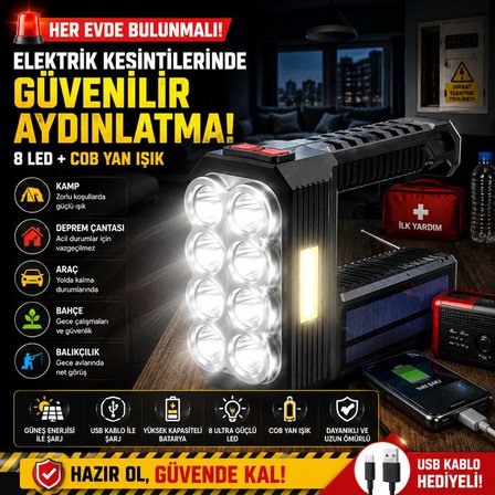Güneş Enerjili Kamp Lambası 8'li Ultra Güçlü LED Yan Işık USB Solar Kamp Balıkçılık Acil Durum Fener