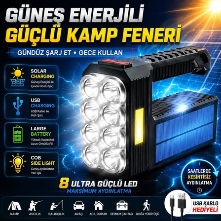 8'li Ultra Güçlü LED Yan Işık USB Solar Güneş Enerjili Kamp Lambası Kamp Balıkçılık Acil Durum Fener